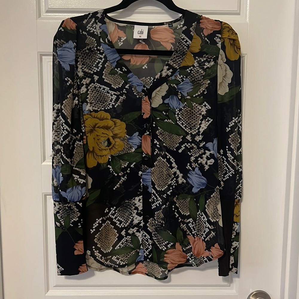 Cabi button front Floral and Snakeskin blouse